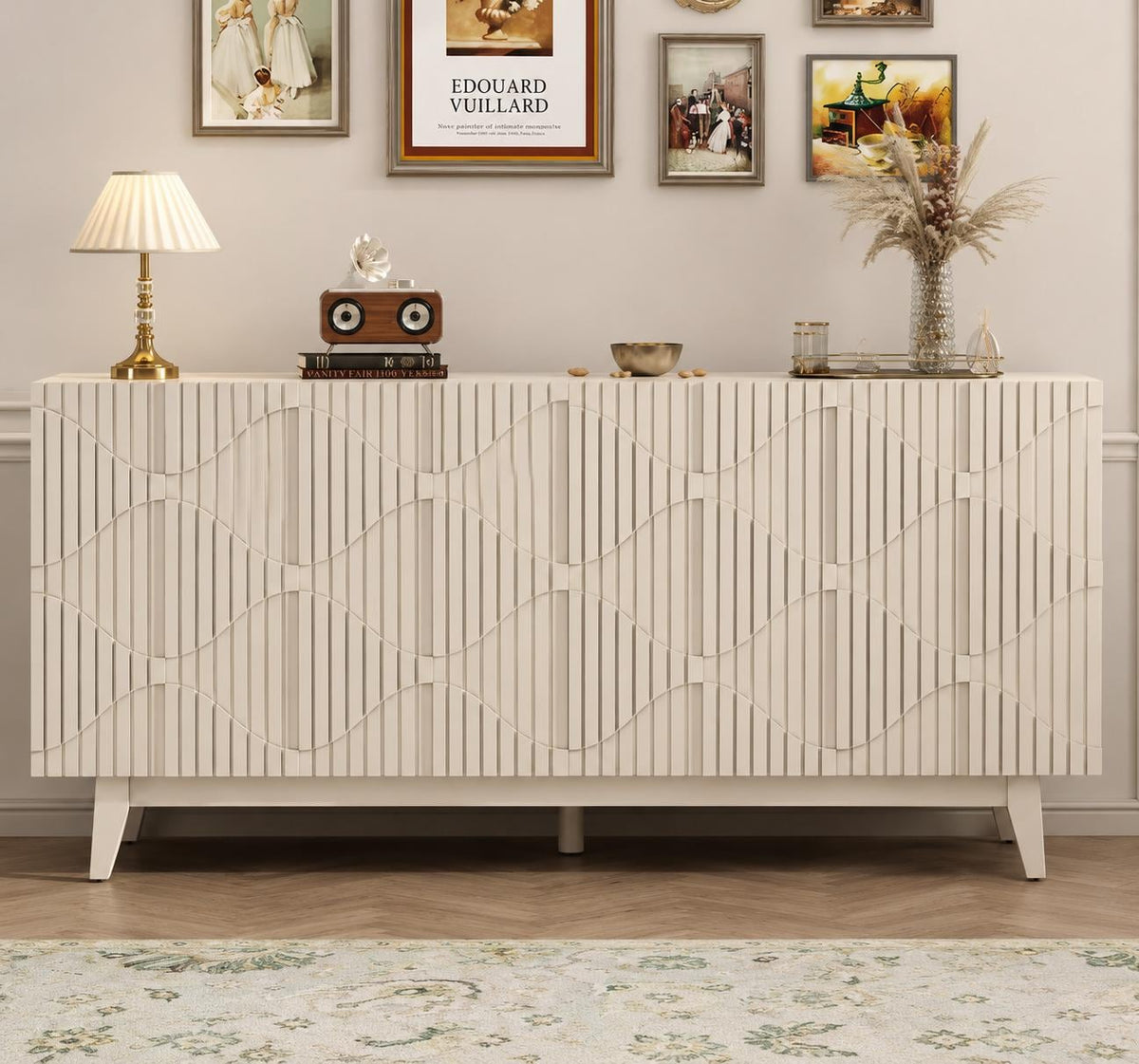 Distressed Fluted Buffet Cabinet with Storage, 4 Carved Doors Sideboard, Adjustable Shelf Wooden Accent Cabinet, Modern Farmhouse Console