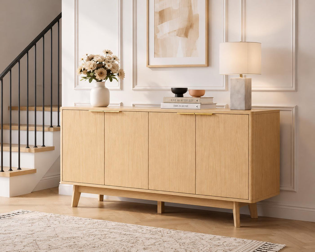 63 Buffet Cabinet with Storage, Modern Sideboard with 4 Doors & Adjustable Shelves, Curved Corner Coffee Bar Cabinet for Kitchen Living Room