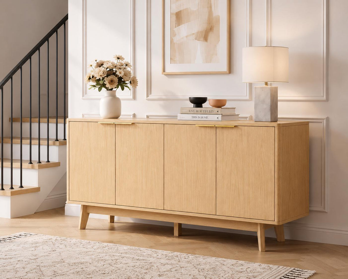 63 Buffet Cabinet with Storage, Modern Sideboard with 4 Doors & Adjustable Shelves, Curved Corner Coffee Bar Cabinet for Kitchen Living Room