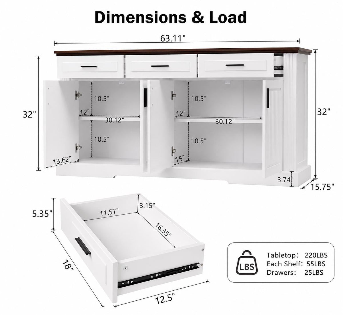 63" Fluted Sideboard Buffet Cabinet with Storage, 4 Doors & 3 Drawers, Modern Kitchen Coffee Bar Cabinet,