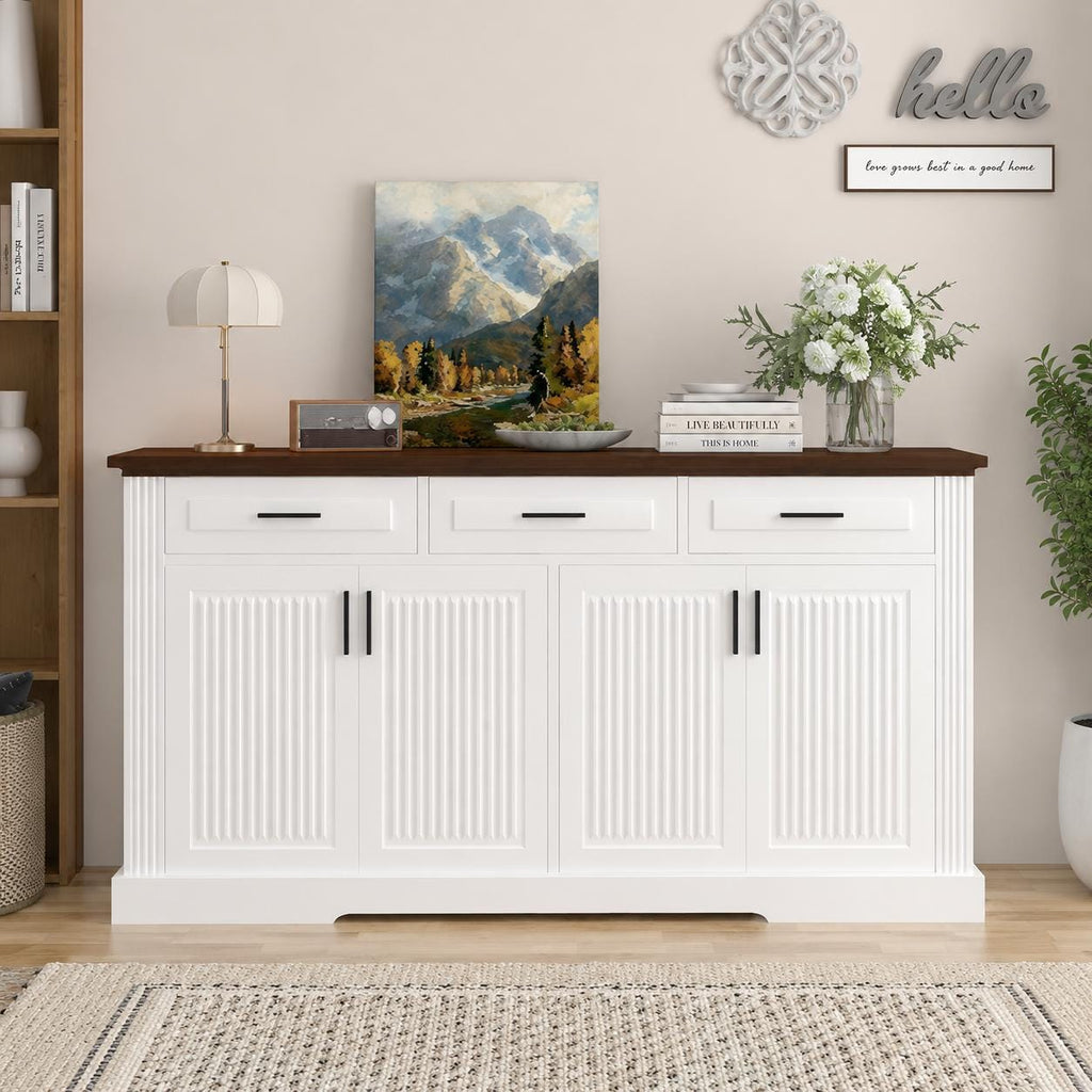 63" Fluted Sideboard Buffet Cabinet with Storage, 4 Doors & 3 Drawers, Modern Kitchen Coffee Bar Cabinet,