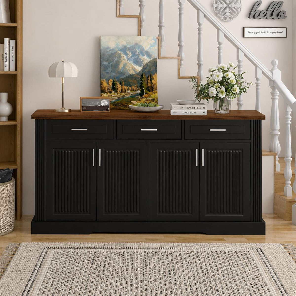 63" Fluted Sideboard Buffet Cabinet with Storage, 4 Doors & 3 Drawers, Modern Kitchen Coffee Bar Cabinet,