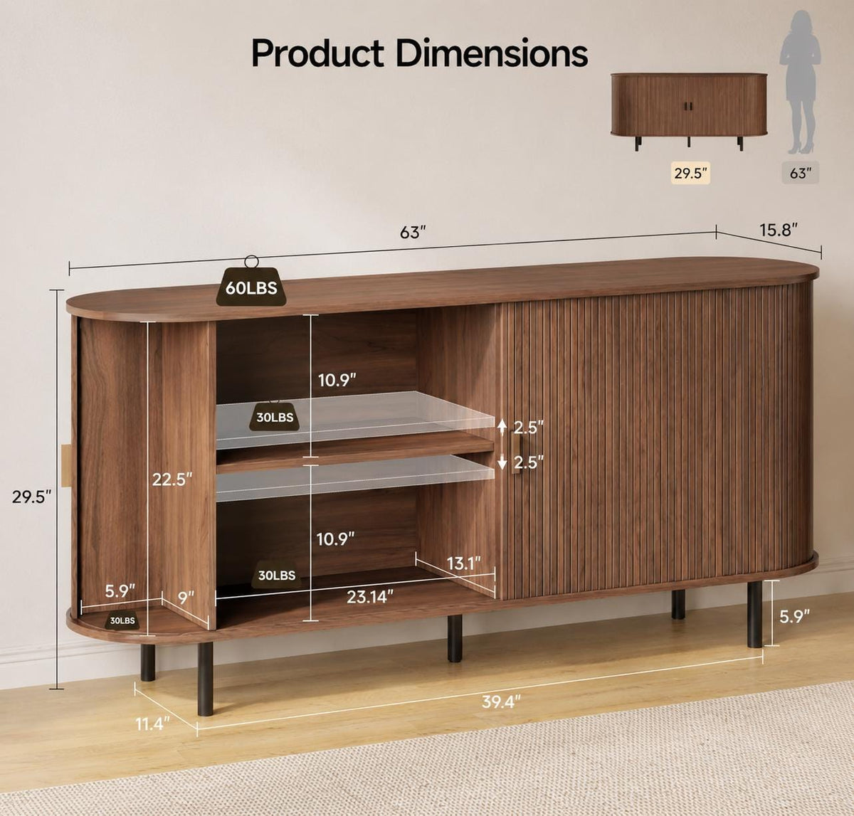 63" Fluted Buffet Sideboard Cabinet with Sliding Door, Modern Walnut Coffee Bar Console Table with Adjustable Shelves