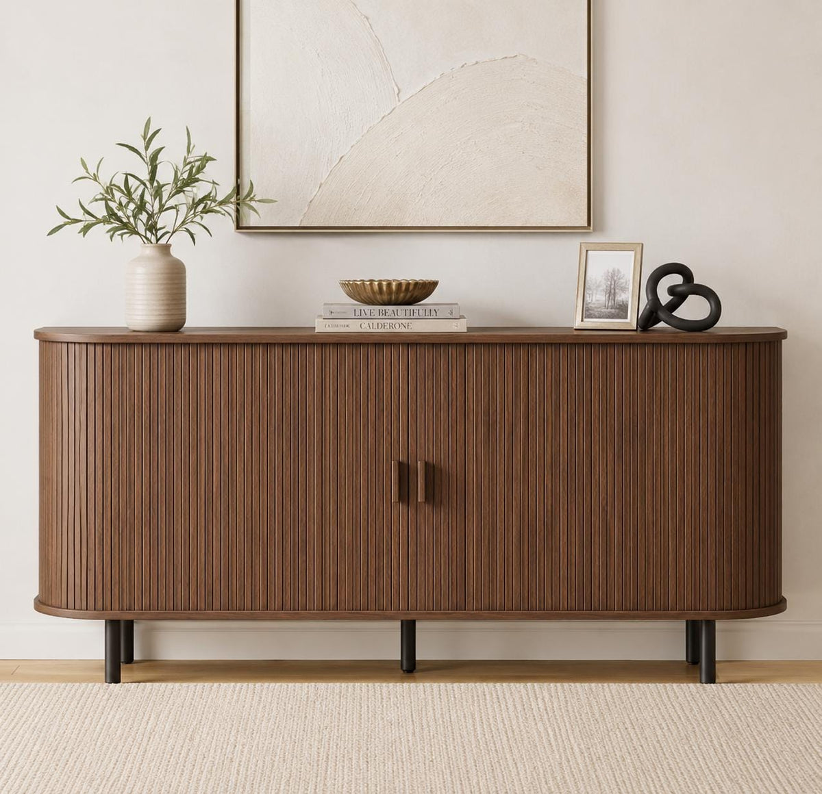 63" Fluted Buffet Sideboard Cabinet with Sliding Door, Modern Walnut Coffee Bar Console Table with Adjustable Shelves