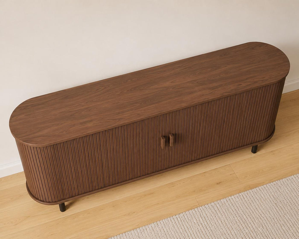 63" Fluted Buffet Sideboard Cabinet with Sliding Door, Modern Walnut Coffee Bar Console Table with Adjustable Shelves