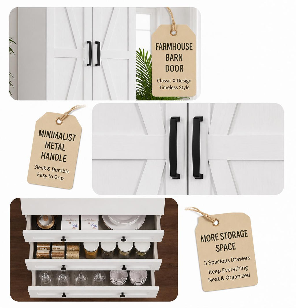 Farmhouse Pantry Cabinet – Barn Doors, Drawers, 72" Tall Storage Solution