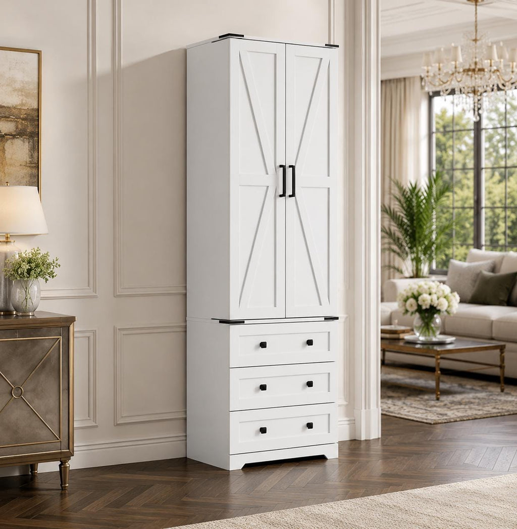 Farmhouse Pantry Cabinet – Barn Doors, Drawers, 72" Tall Storage Solution