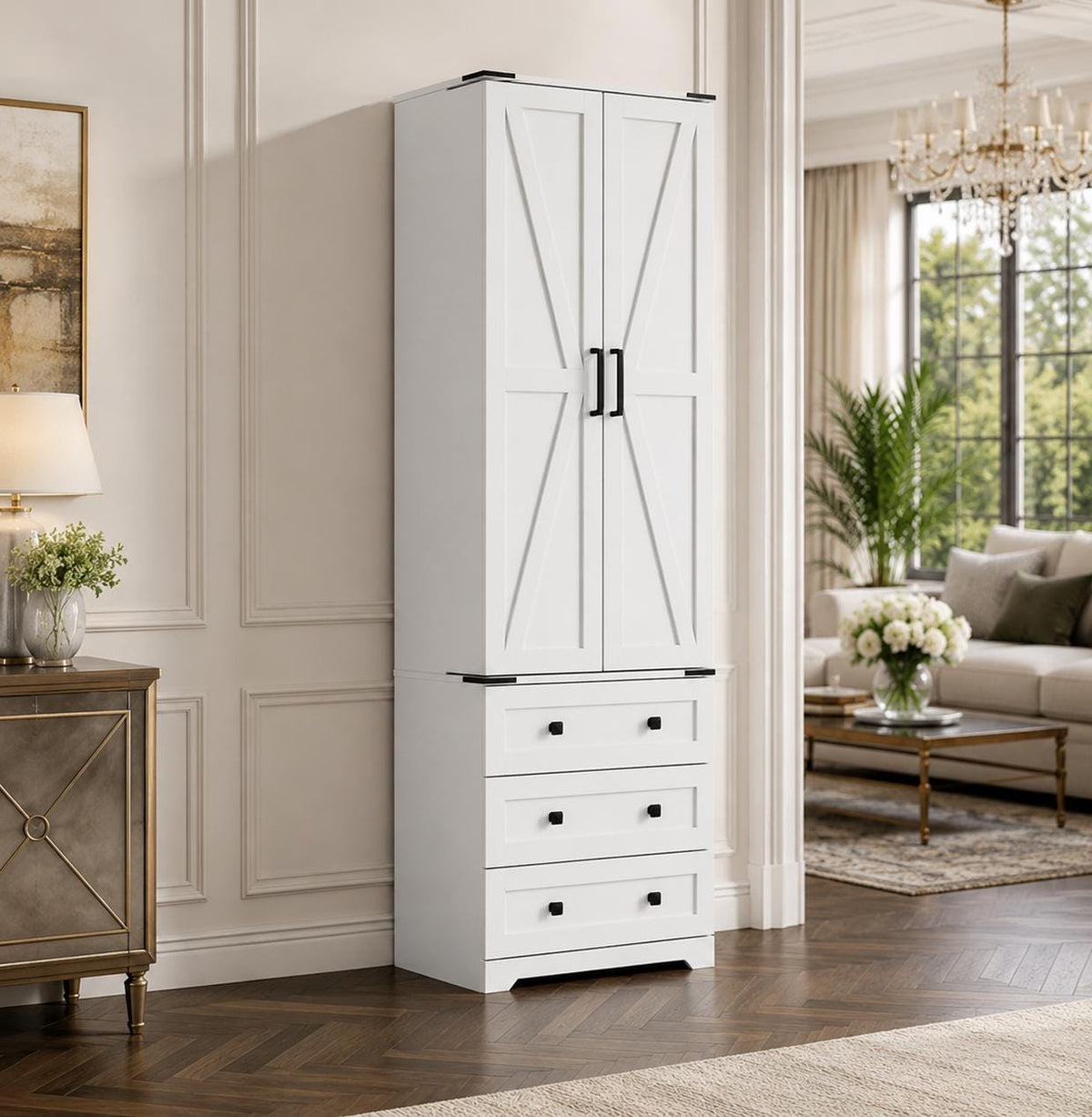 Farmhouse Pantry Cabinet – Barn Doors, Drawers, 72" Tall Storage Solution
