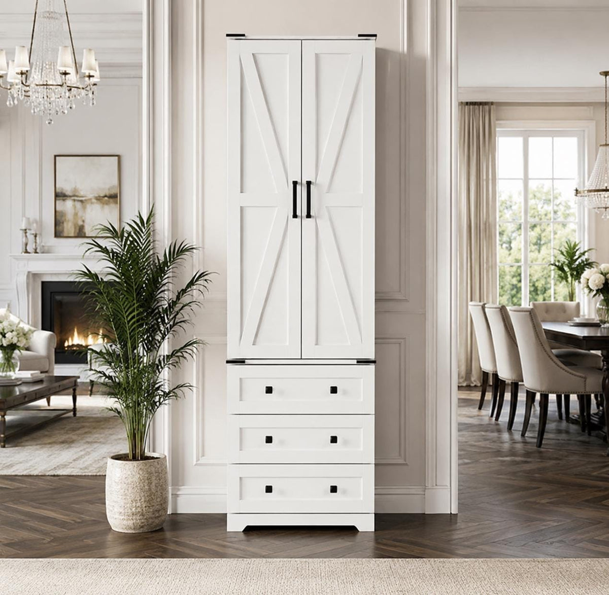 Farmhouse Pantry Cabinet – Barn Doors, Drawers, 72" Tall Storage Solution