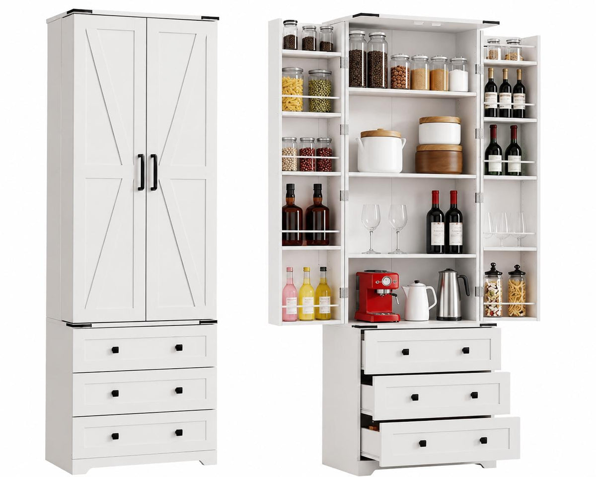 Farmhouse Pantry Cabinet – Barn Doors, Drawers, 72" Tall Storage Solution