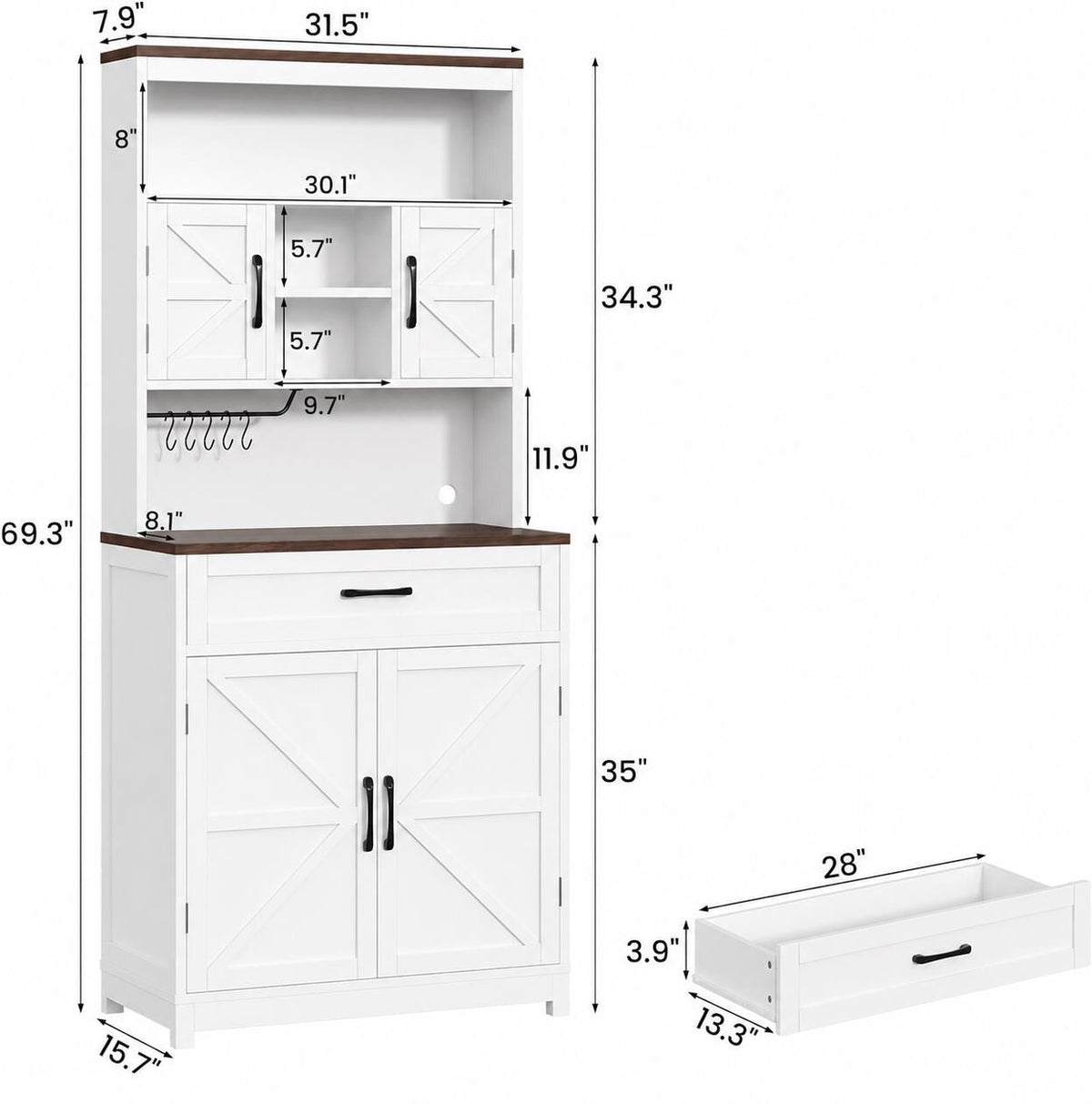 Farmhouse Pantry Cabinet, Barn Doors, Coffee Bar Station, Freestanding Storage Organizer