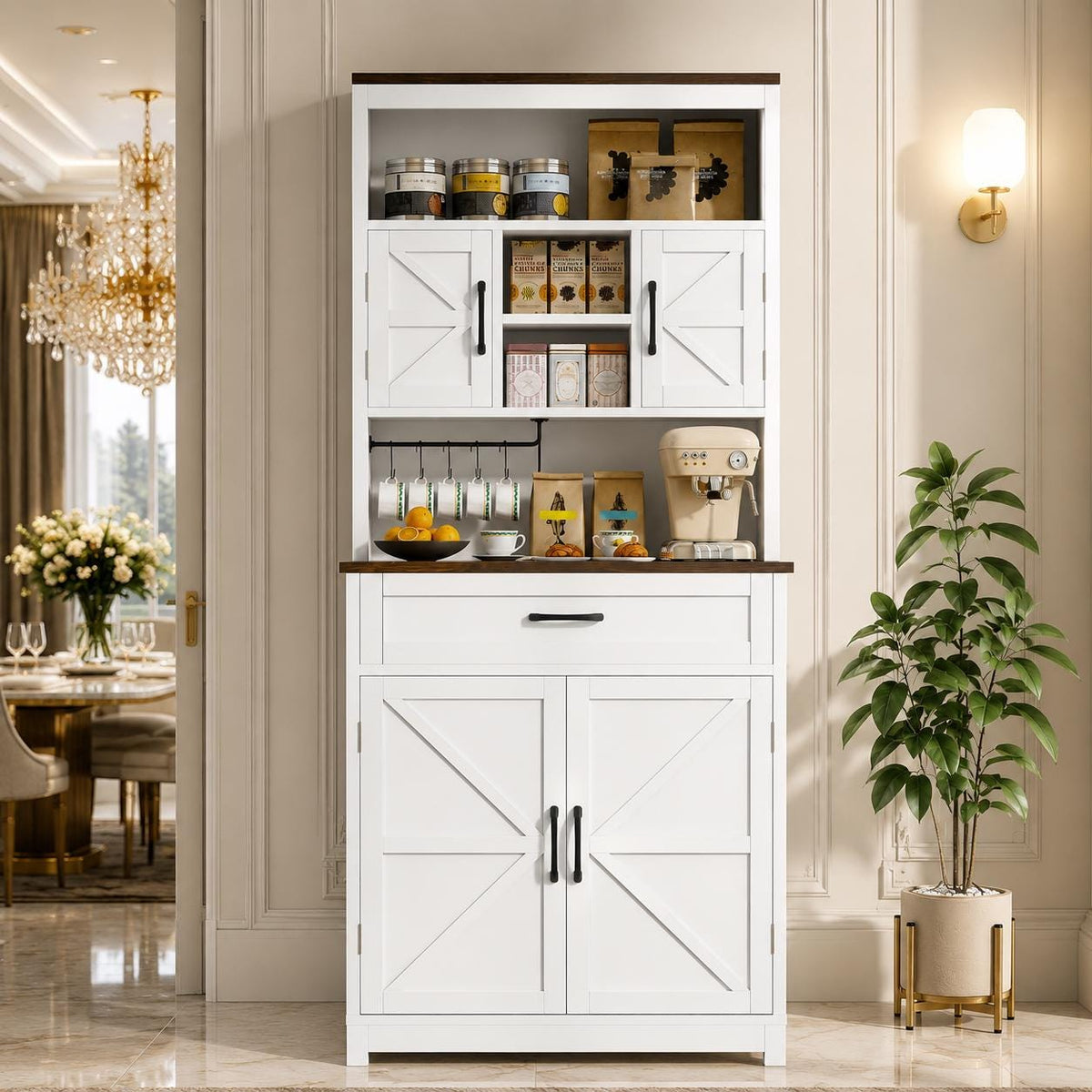 Farmhouse Pantry Cabinet, Barn Doors, Coffee Bar Station, Freestanding Storage Organizer