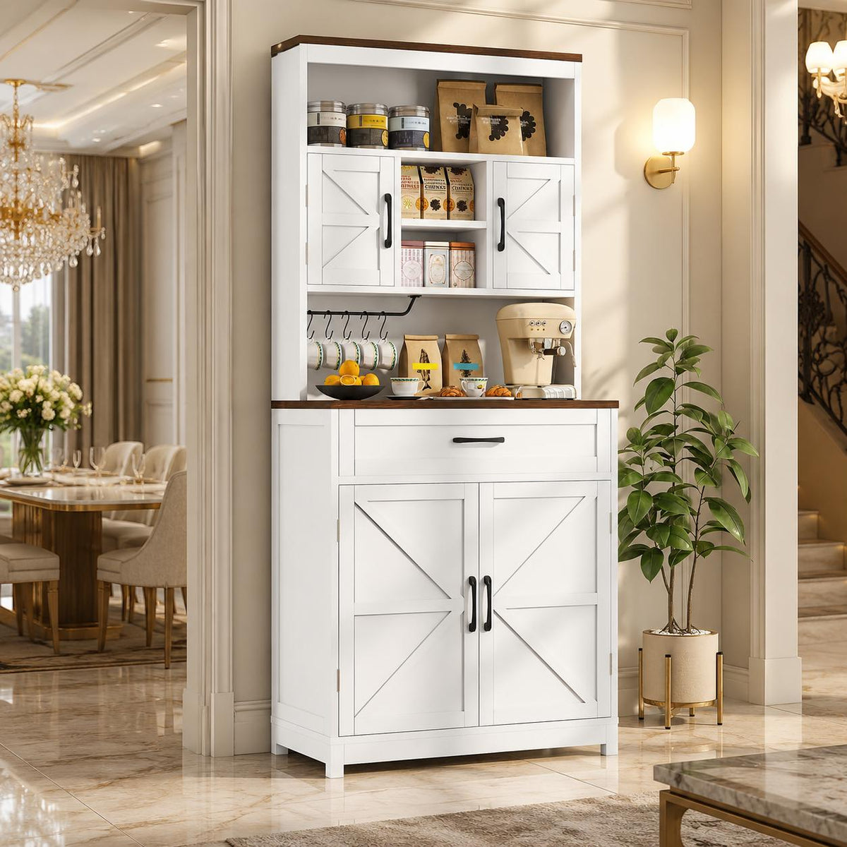 Farmhouse Pantry Cabinet, Barn Doors, Coffee Bar Station, Freestanding Storage Organizer