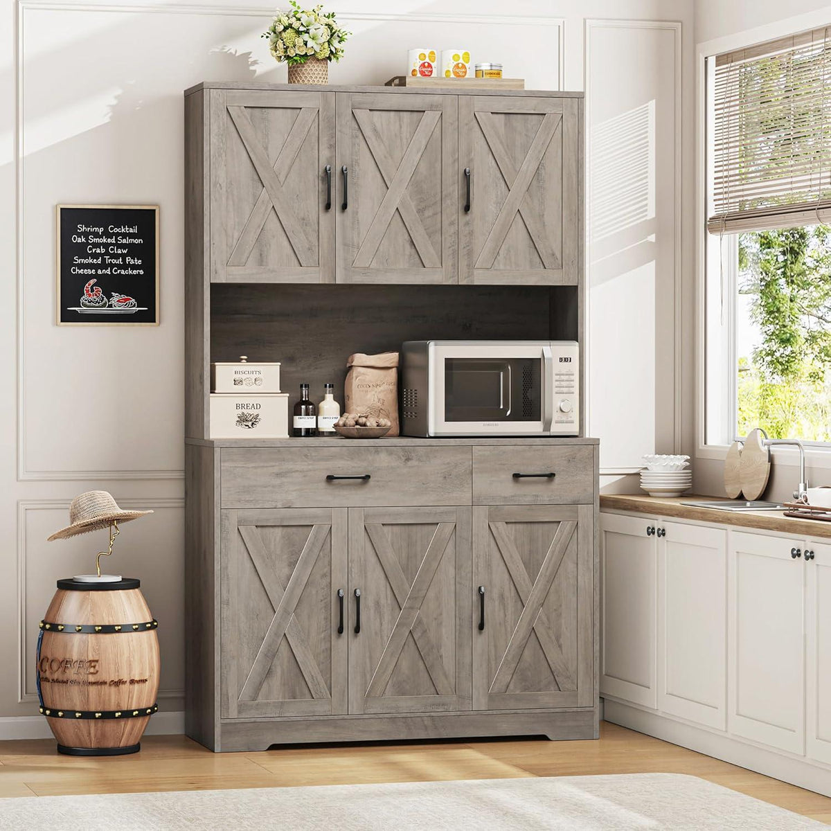 HOSTACK 71" Farmhouse Pantry Cabinet with Charging Station, Microwave Stand & Storage Drawers, Rustic Brown