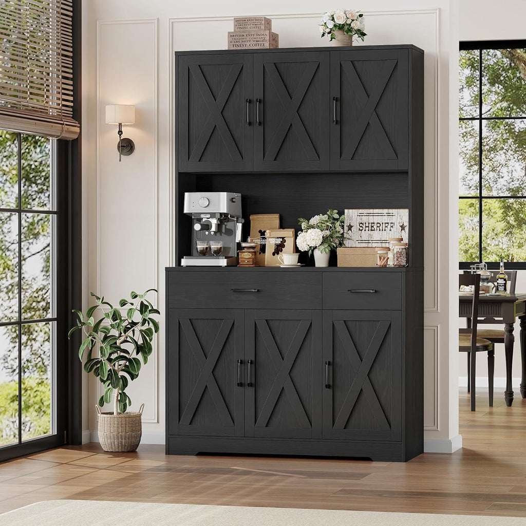 HOSTACK 71" Farmhouse Pantry Cabinet with Charging Station, Microwave Stand & Storage Drawers, Rustic Brown