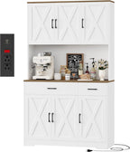 HOSTACK 71" Farmhouse Pantry Cabinet with Charging Station, Microwave Stand & Storage Drawers, Rustic Brown