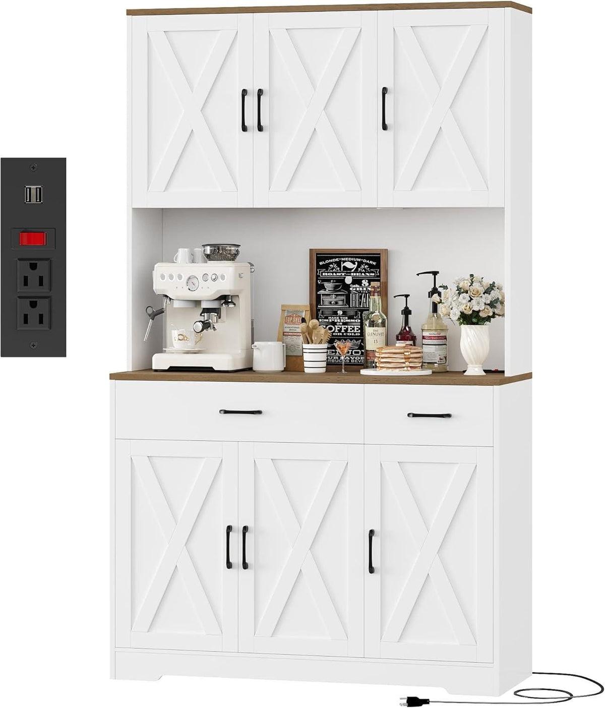 HOSTACK 71" Farmhouse Pantry Cabinet with Charging Station, Microwave Stand & Storage Drawers, Rustic Brown