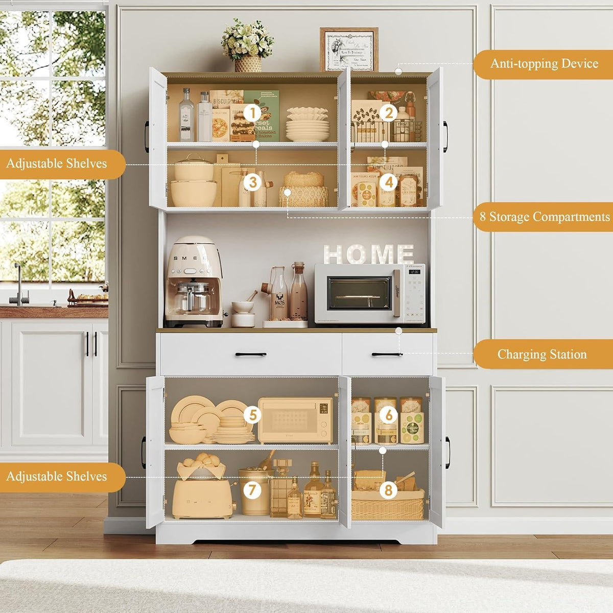 HOSTACK 71" Farmhouse Pantry Cabinet with Charging Station, Microwave Stand & Storage Drawers, Rustic Brown
