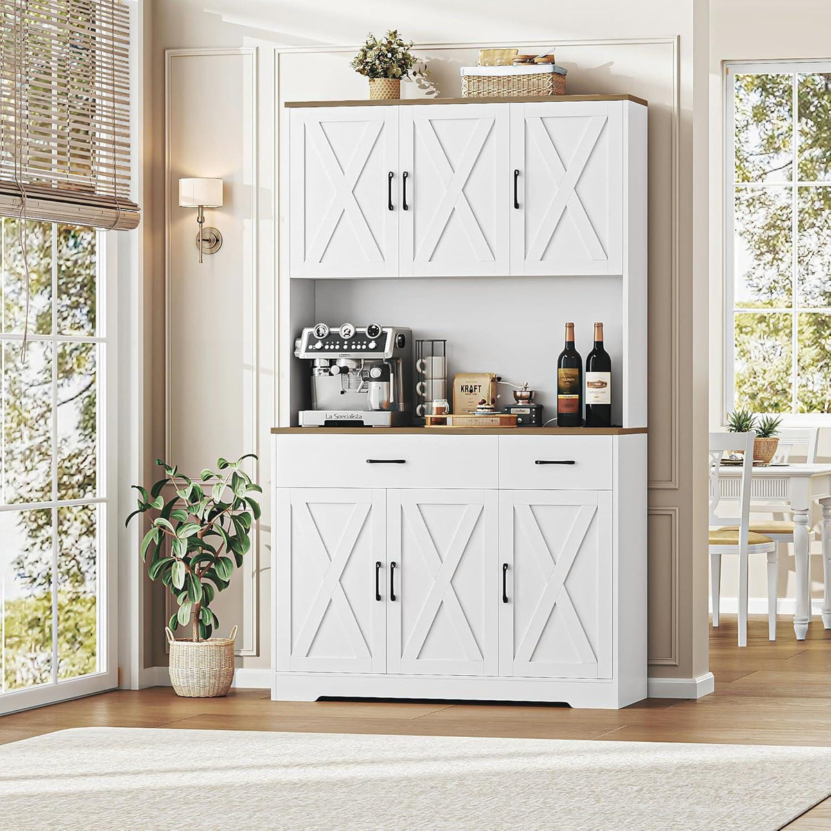 HOSTACK 71" Farmhouse Pantry Cabinet with Charging Station, Microwave Stand & Storage Drawers, Rustic Brown