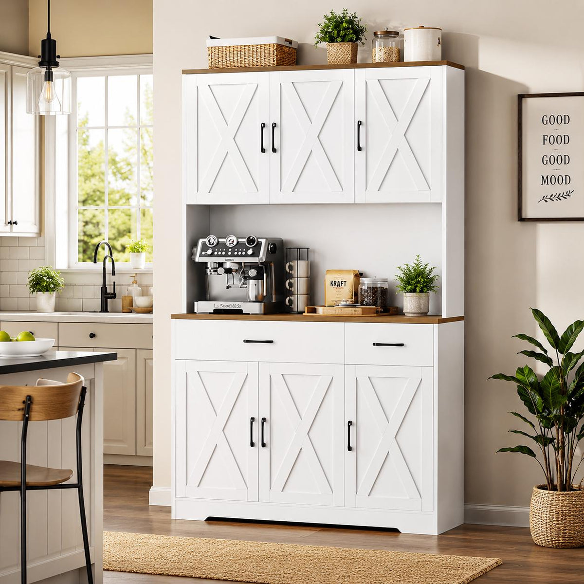 HOSTACK 71" Farmhouse Pantry Cabinet with Charging Station, Microwave Stand & Storage Drawers, Rustic Brown