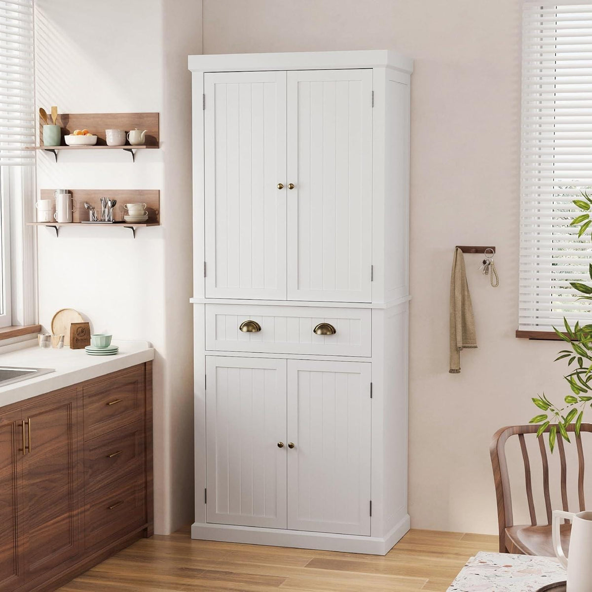 72" Farmhouse Pantry Cabinet with Doors & Shelves, Tall Freestanding Storage Cabinet, Turquoise Blue