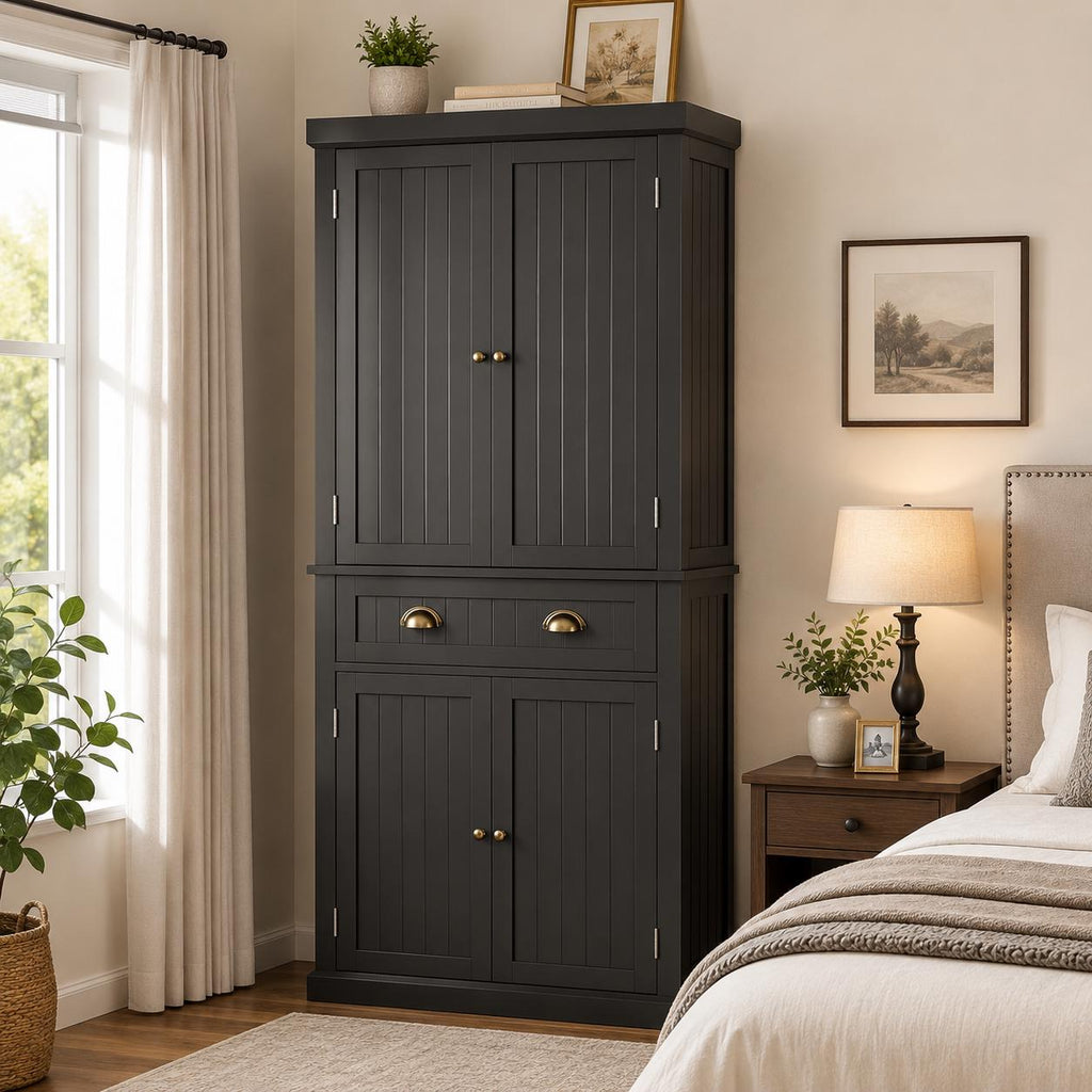 72" Farmhouse Pantry Cabinet with Doors & Shelves, Tall Freestanding Storage Cabinet, Turquoise Blue