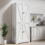 Farmhouse Pantry Cabinet, 72" Tall, 4 Barn Doors, Grey Wood Grain Storage