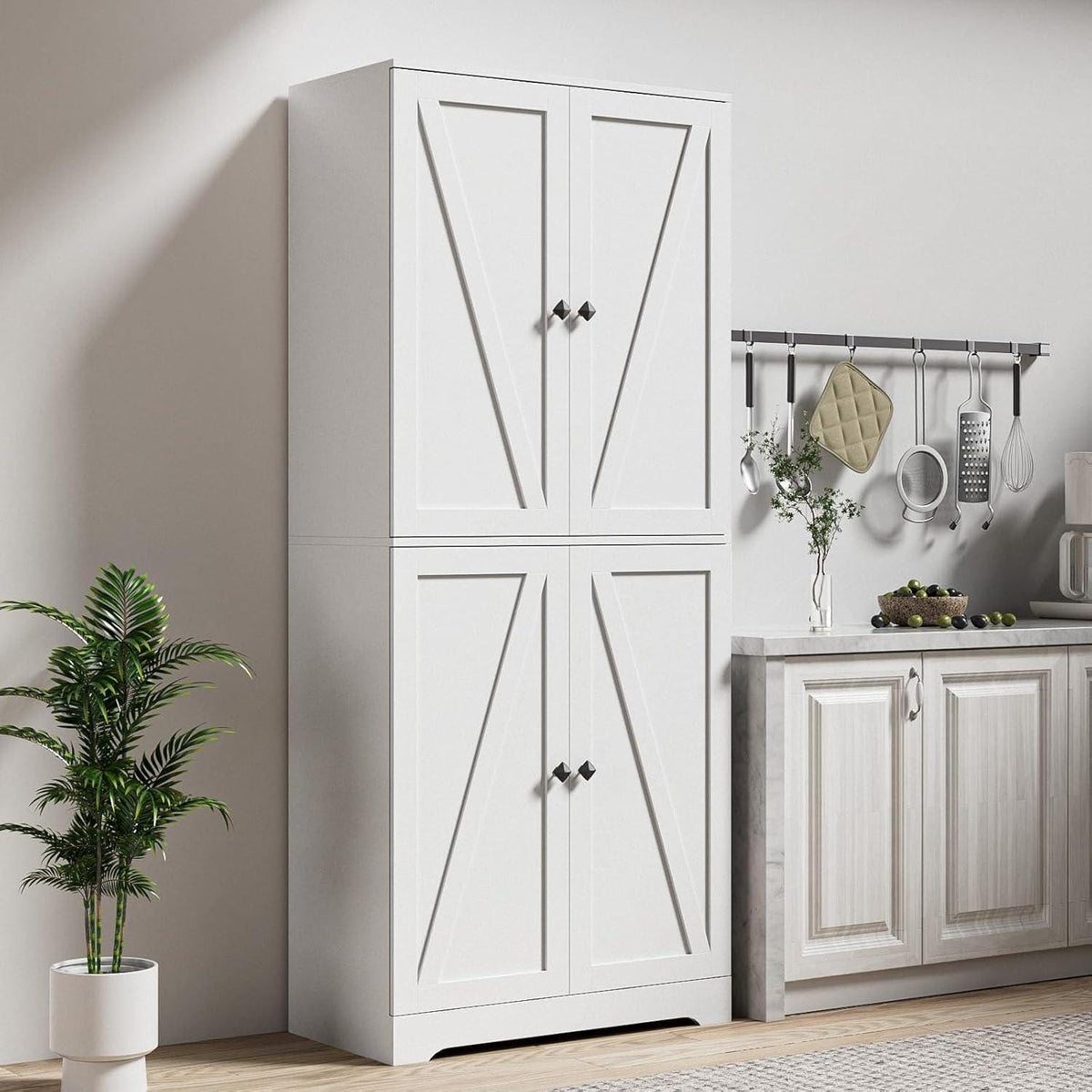 Farmhouse Pantry Cabinet, 72" Tall, 4 Barn Doors, Grey Wood Grain Storage