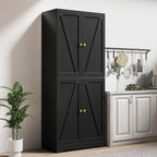 Farmhouse Pantry Cabinet, 72" Tall, 4 Barn Doors, Grey Wood Grain Storage