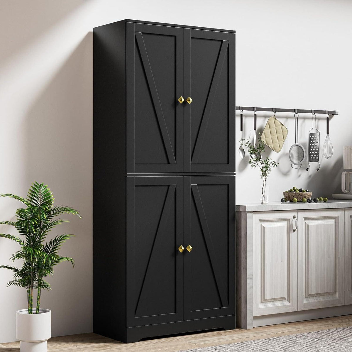 Farmhouse Pantry Cabinet, 72" Tall, 4 Barn Doors, Grey Wood Grain Storage