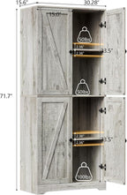 Farmhouse Pantry Cabinet, 72" Tall, 4 Barn Doors, Grey Wood Grain Storage