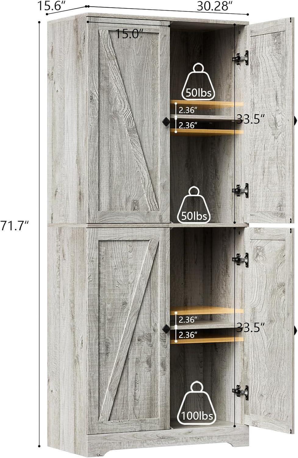Farmhouse Pantry Cabinet, 72" Tall, 4 Barn Doors, Grey Wood Grain Storage