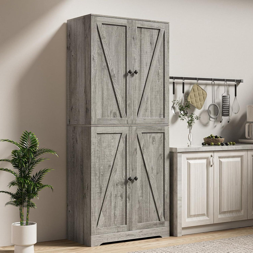 Farmhouse Pantry Cabinet, 72" Tall, 4 Barn Doors, Grey Wood Grain Storage