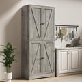 Farmhouse Pantry Cabinet, 72" Tall, 4 Barn Doors, Grey Wood Grain Storage