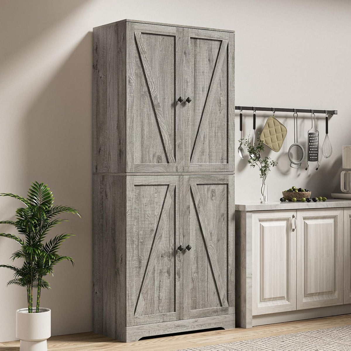 Farmhouse Pantry Cabinet, 72" Tall, 4 Barn Doors, Grey Wood Grain Storage