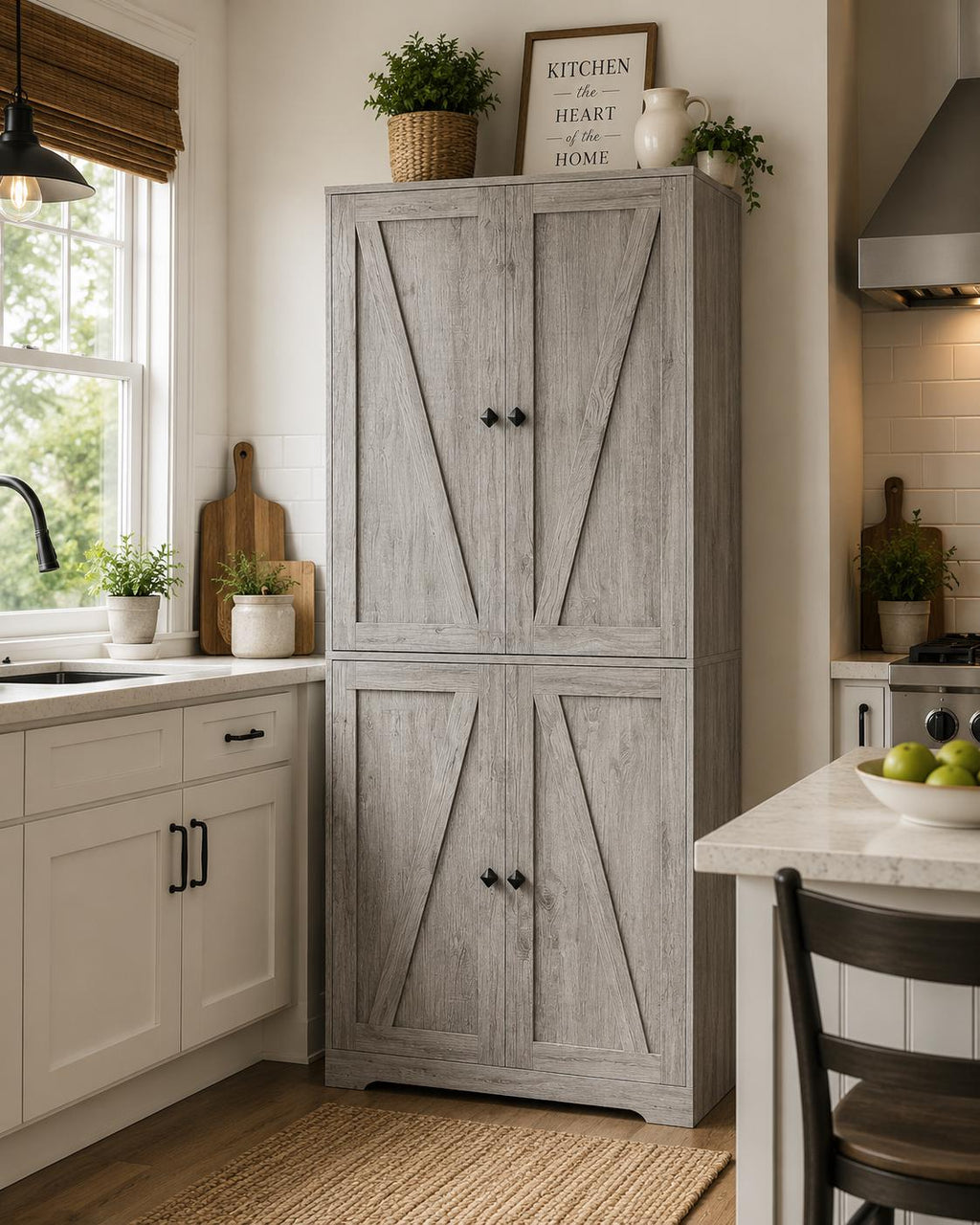 Farmhouse Pantry Cabinet, 72" Tall, 4 Barn Doors, Grey Wood Grain Storage