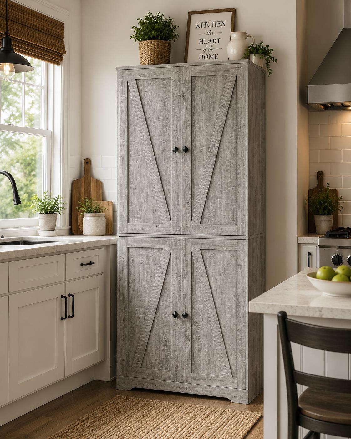 Farmhouse Pantry Cabinet, 72" Tall, 4 Barn Doors, Grey Wood Grain Storage