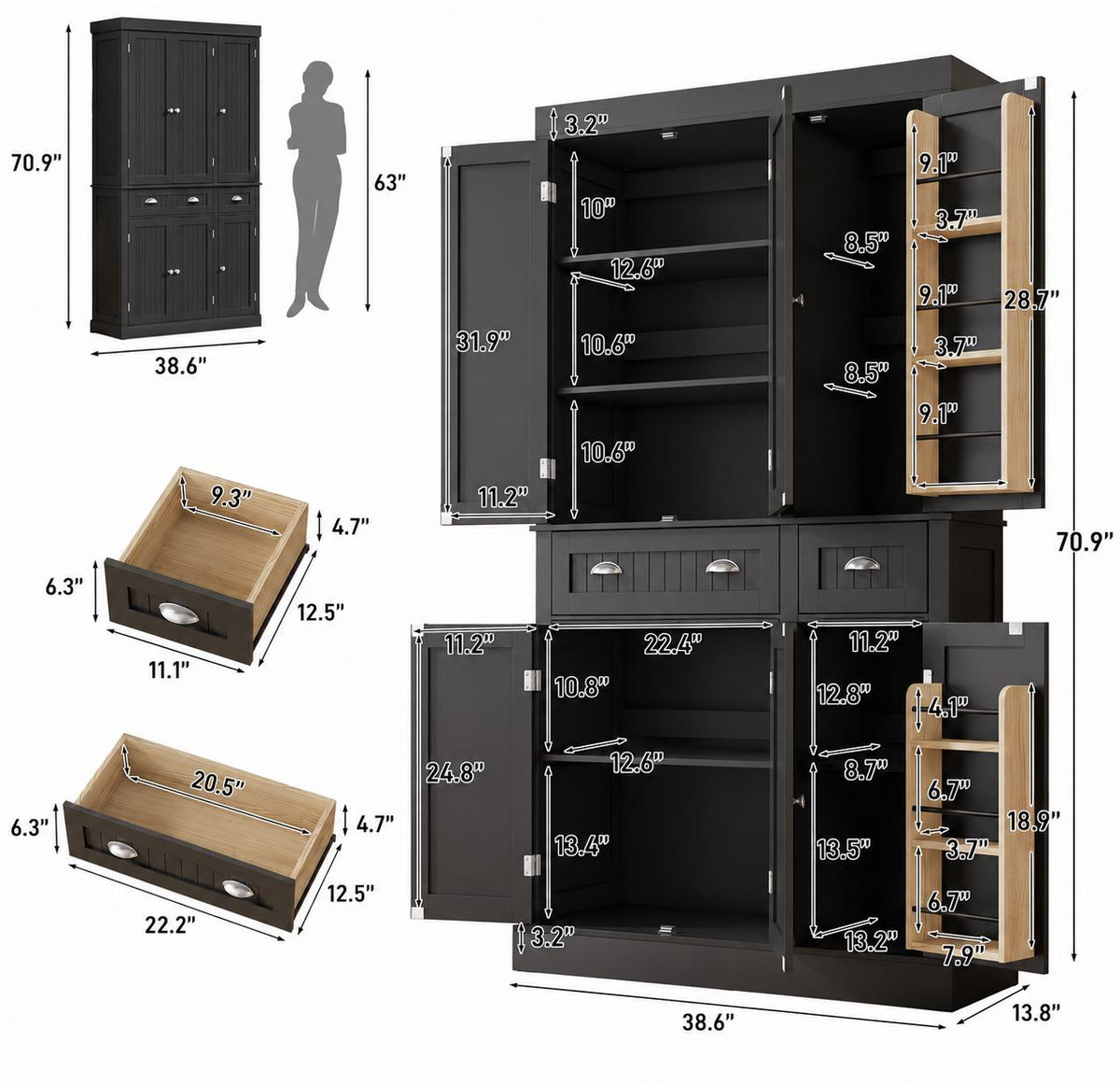 Modern 71” Tall Kitchen Pantry Storage Cabinet with Drawers & Door Shelves