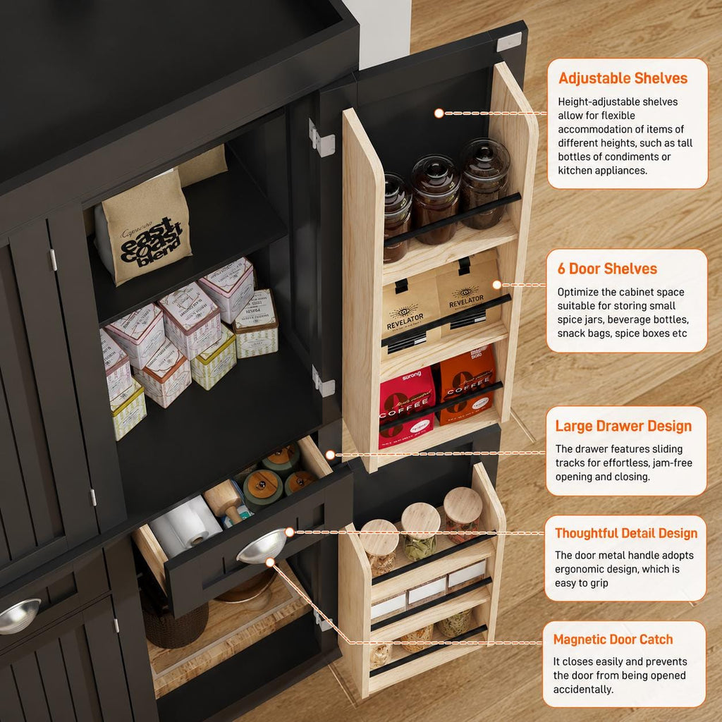 Modern 71” Tall Kitchen Pantry Storage Cabinet with Drawers & Door Shelves