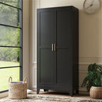 Tall Black Storage Cabinet, Modern Double Door Pantry Cupboard, Freestanding Home Organizer