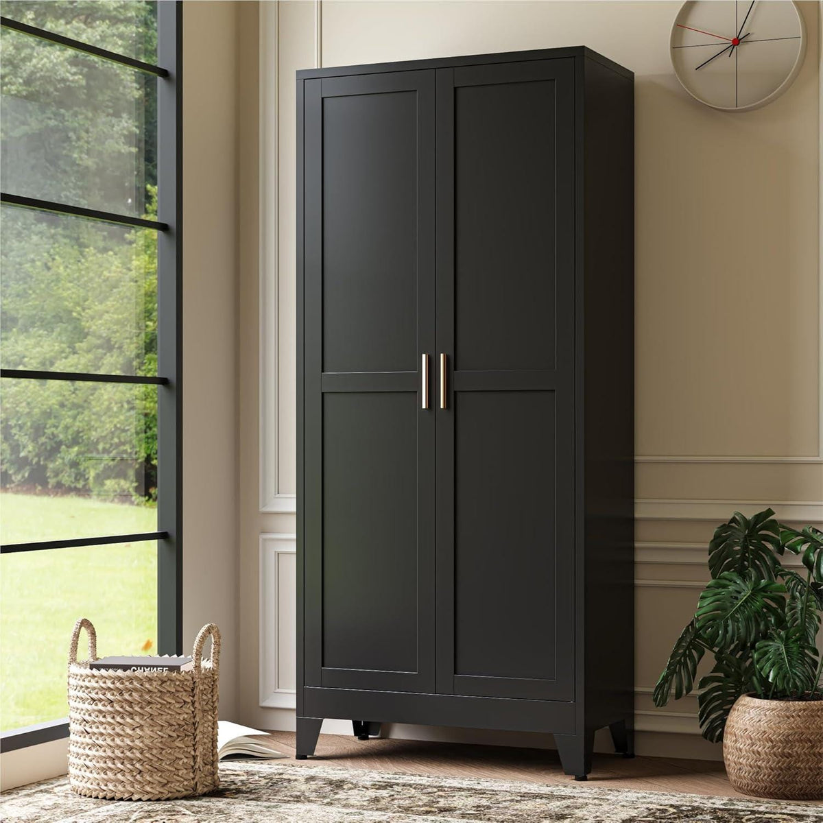 Tall Black Storage Cabinet, Modern Double Door Pantry Cupboard, Freestanding Home Organizer