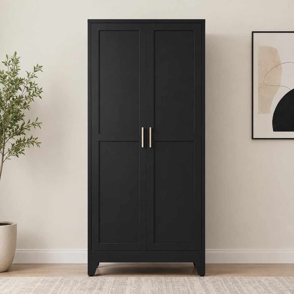Tall Black Storage Cabinet, Modern Double Door Pantry Cupboard, Freestanding Home Organizer
