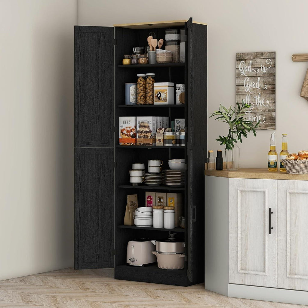 Freestanding Kitchen Pantry Cabinet with 4 Doors, Adjustable Shelves & Spacious Storage, Distressed Gray