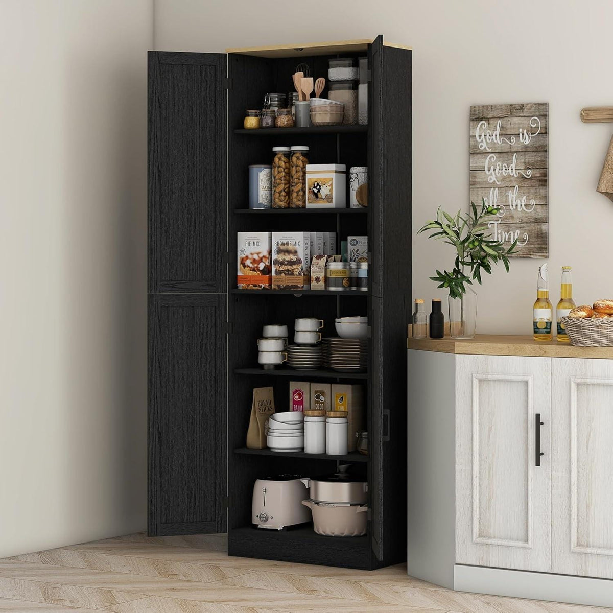 Freestanding Kitchen Pantry Cabinet with 4 Doors, Adjustable Shelves & Spacious Storage, Distressed Gray