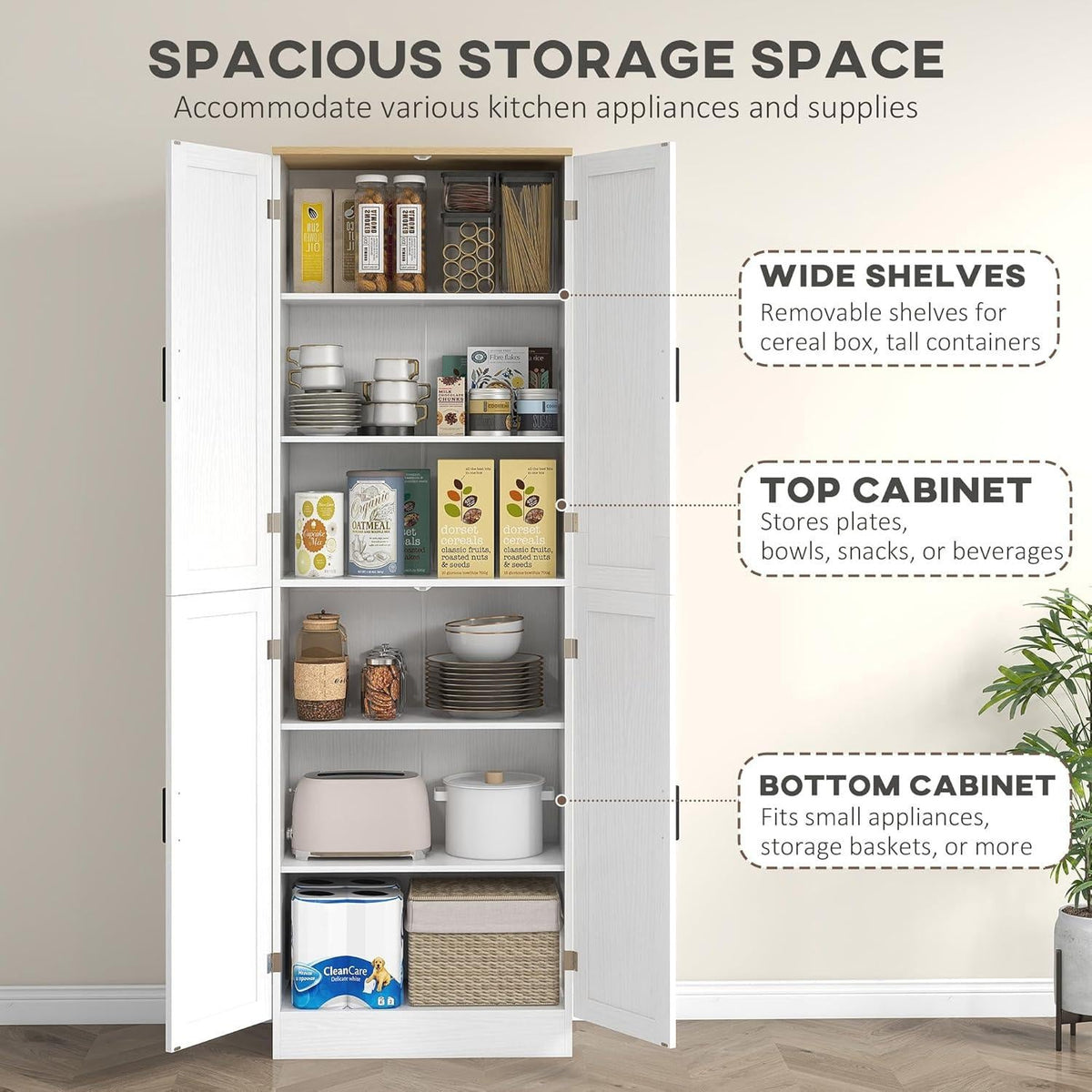 Freestanding Kitchen Pantry Cabinet with 4 Doors, Adjustable Shelves & Spacious Storage, Distressed Gray