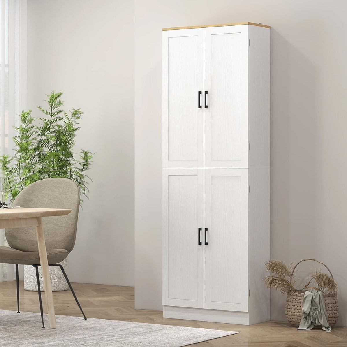 Freestanding Kitchen Pantry Cabinet with 4 Doors, Adjustable Shelves & Spacious Storage, Distressed Gray