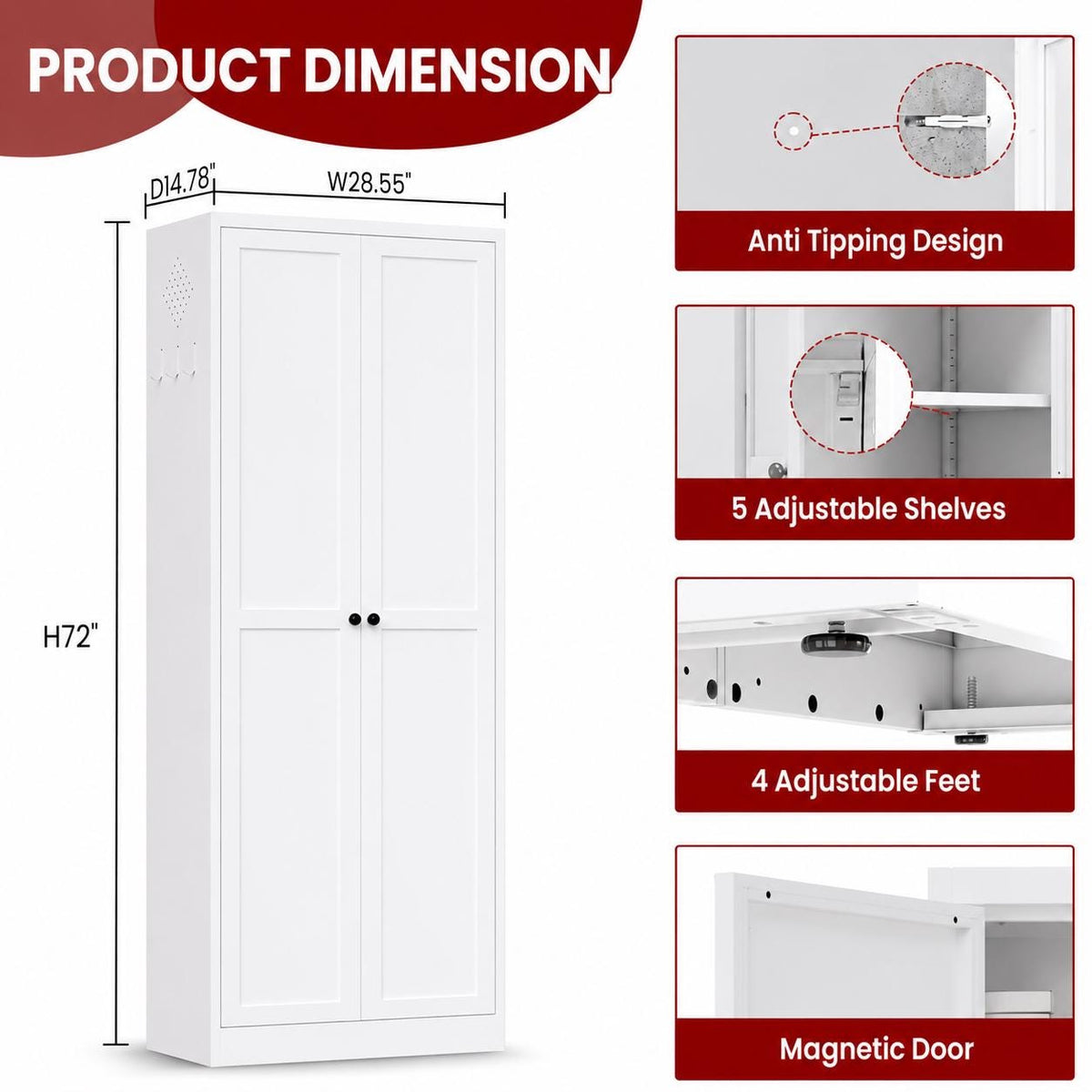 AQY Kitchen Pantry Cabinet, White Metal Storage Cabinet with Adjustable Shelves, Tall Freestanding Kitchen Cupboard Organizer