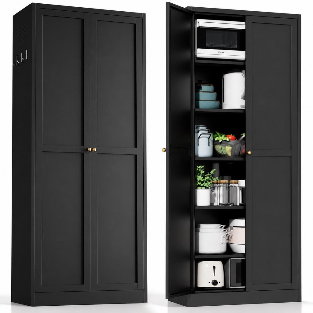 AQY Kitchen Pantry Cabinet, White Metal Storage Cabinet with Adjustable Shelves, Tall Freestanding Kitchen Cupboard Organizer