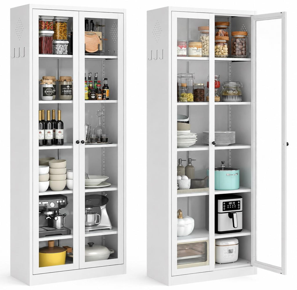 AQY Kitchen Pantry Cabinet, White Metal Storage Cabinet with Adjustable Shelves, Tall Freestanding Kitchen Cupboard Organizer
