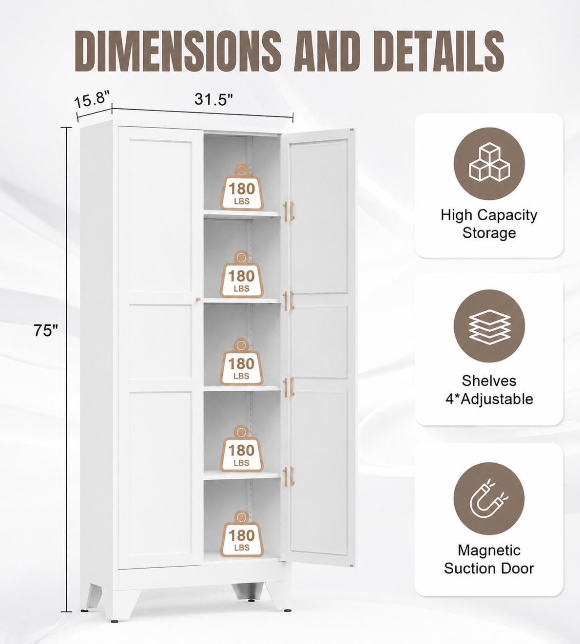 Heavy Duty Metal Storage Cabinet, Tall Steel Pantry Cabinet with Adjustable Shelves, Lockable Garage Storage Organizer for Kitchen
